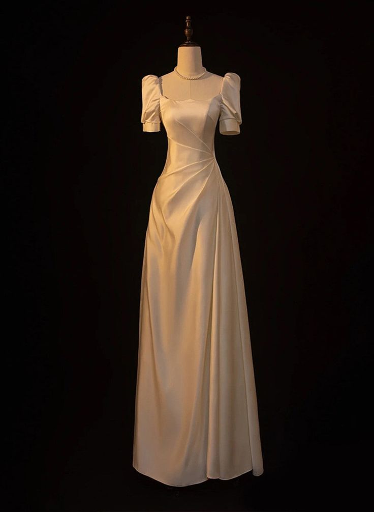 Beautiful Long A Line Evening Dress White Satin Wedding Prom Dress Party Gown - VelvetHem