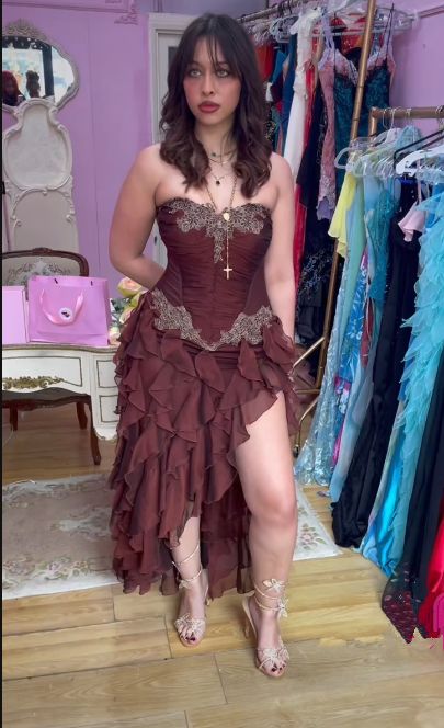 Vintage Hot Pink Lace Chiffon Ruffles Evening Dress Strapless Prom Dress