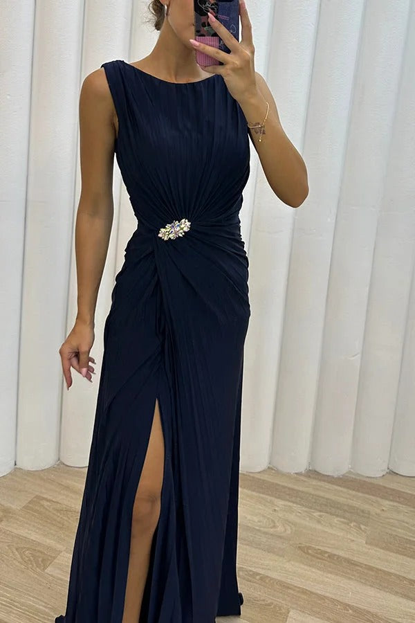 Renata Premium Pretty Special Evening Maxi Dress with Pleated Embellished Slit Statement Occasion Edit