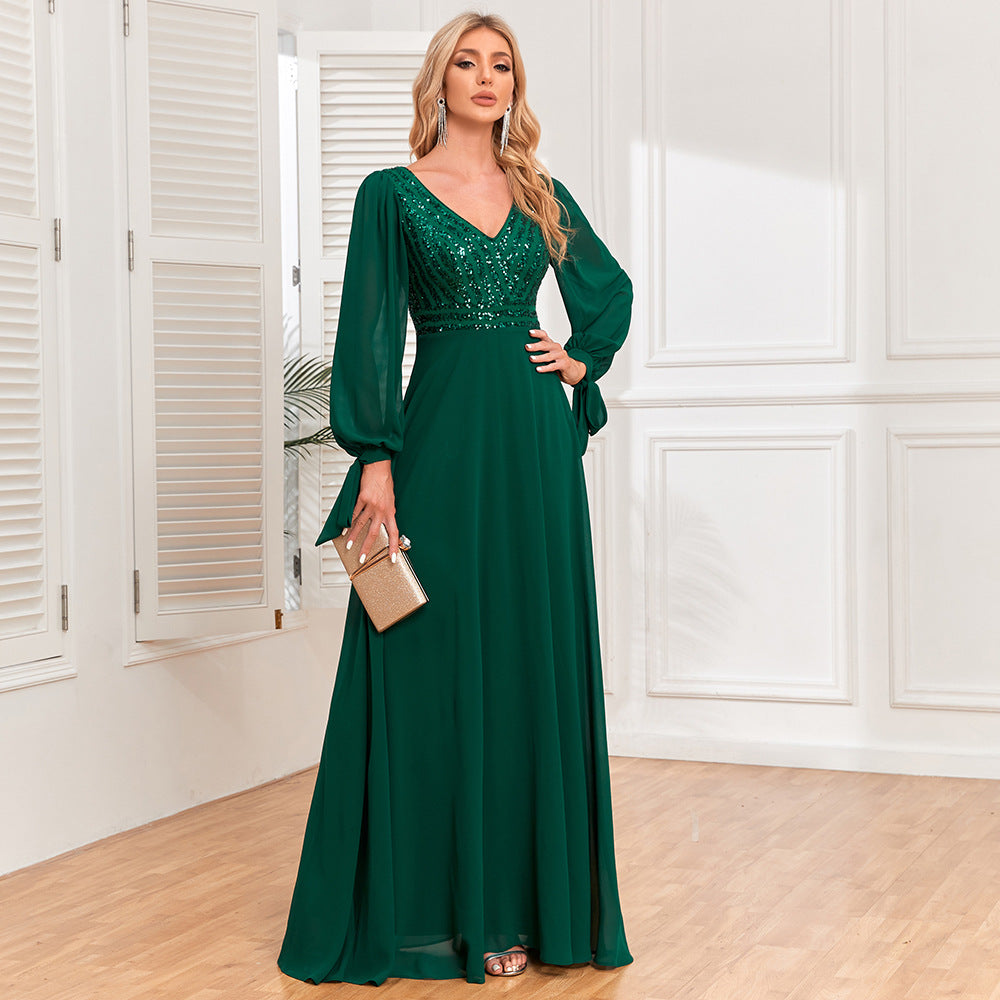 Long Sleeve Lace Up High Quality Double V Neck Sequin Chiffon Patchwork A Line Big Swing Full Lining Party Evening Dress - VelvetHem