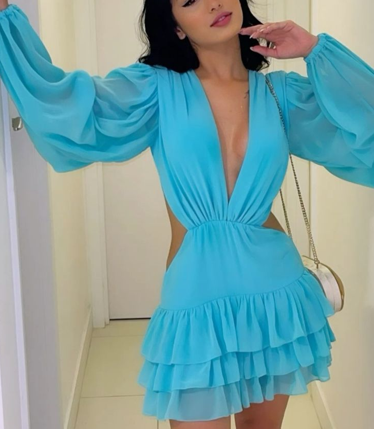 Fashion Long Sleeves Chiffon Dress Deep V Neck Short Prom Party Gown fg6260 - View 2 | VelvetHem