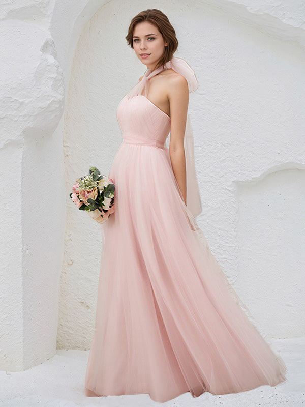 Pink Tulle A Line Halter Neck Sleeveless Floor Length Bridesmaid Dress