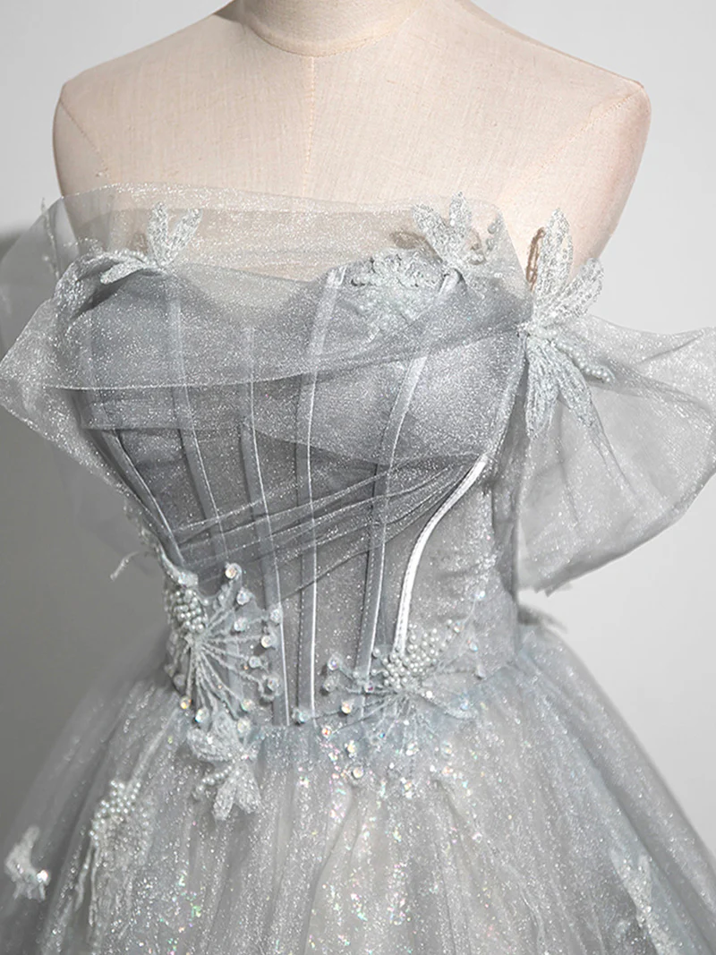 Gray A-Line Off the Shoulder Tulle Prom Dress, Lovely Corset Floor Length Party Dress fg6478 - View 4 | VelvetHem