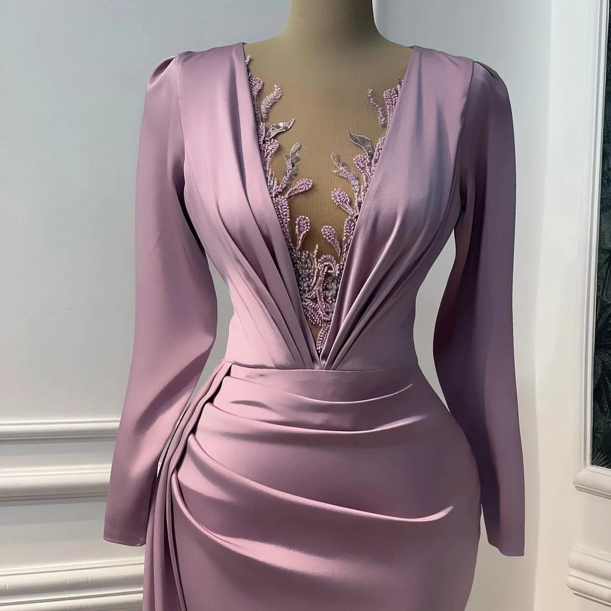 Vintage Prom Dresses Long Sleeve Illusion V-neck Mermaid Evening Dress Floor Length Saudi Arabia Cocktail Party Gowns fg6555 - View 3 | VelvetHem