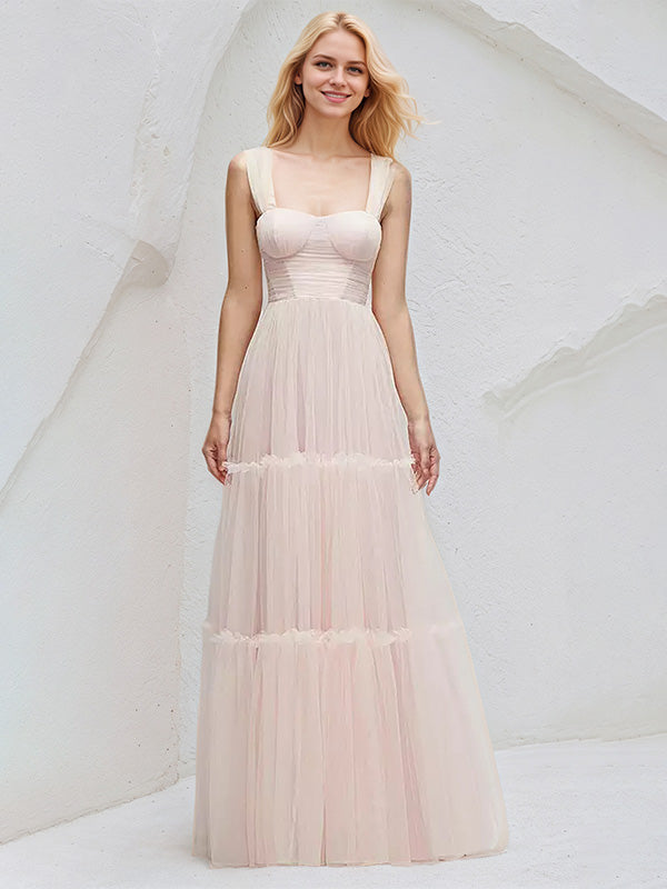 A Line Halter Neck Sleeveless Floor Length Tulle Bridesmaid Dresses With Bow
