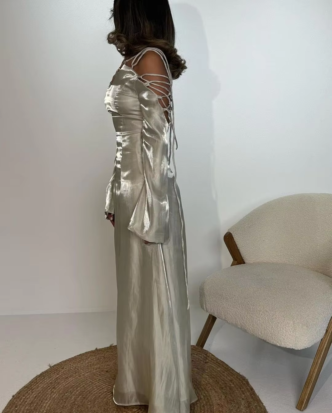 Silver Grey Prom Dress, Modern Girl Lace Up Flare Sleeves V Neck Elegant Evening Dress fg6554 - View 3 | VelvetHem