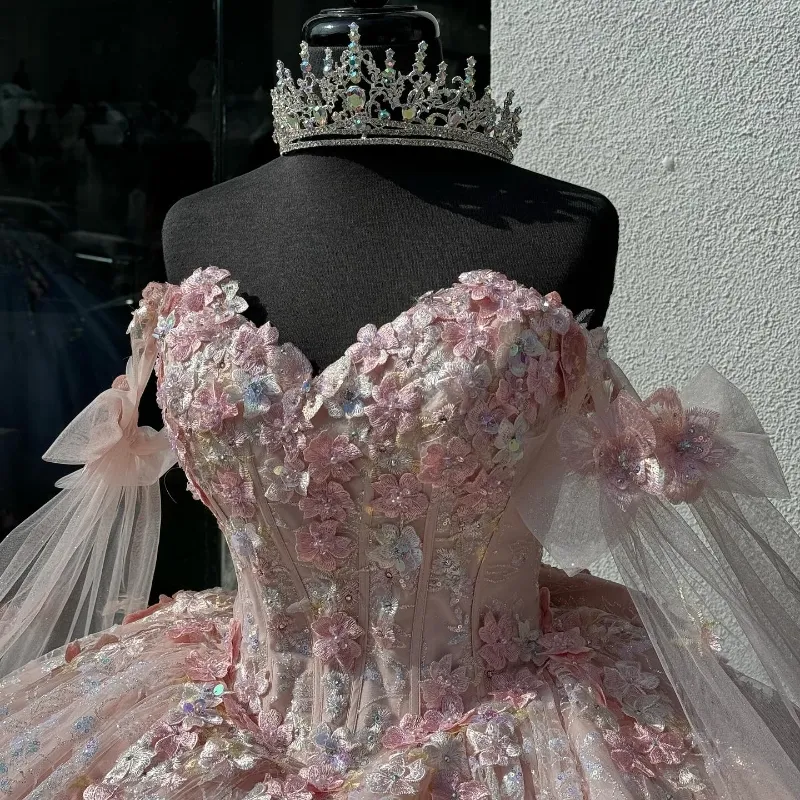 Light Pink Quinceanera Dress Off-Shoulder Lace Appliques Ball Gown fg6506 - View 3 | VelvetHem