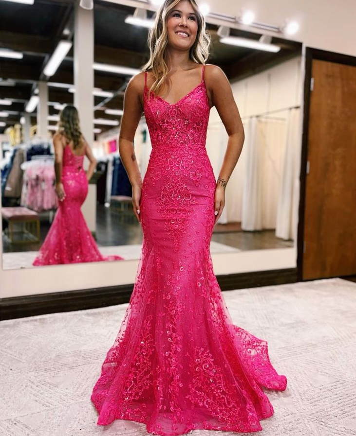 MERMAID EVENING DRESS WITH DEEP V NECKLINE AND SPAGHETTI STRAPS fg6304 - View 2 | VelvetHem