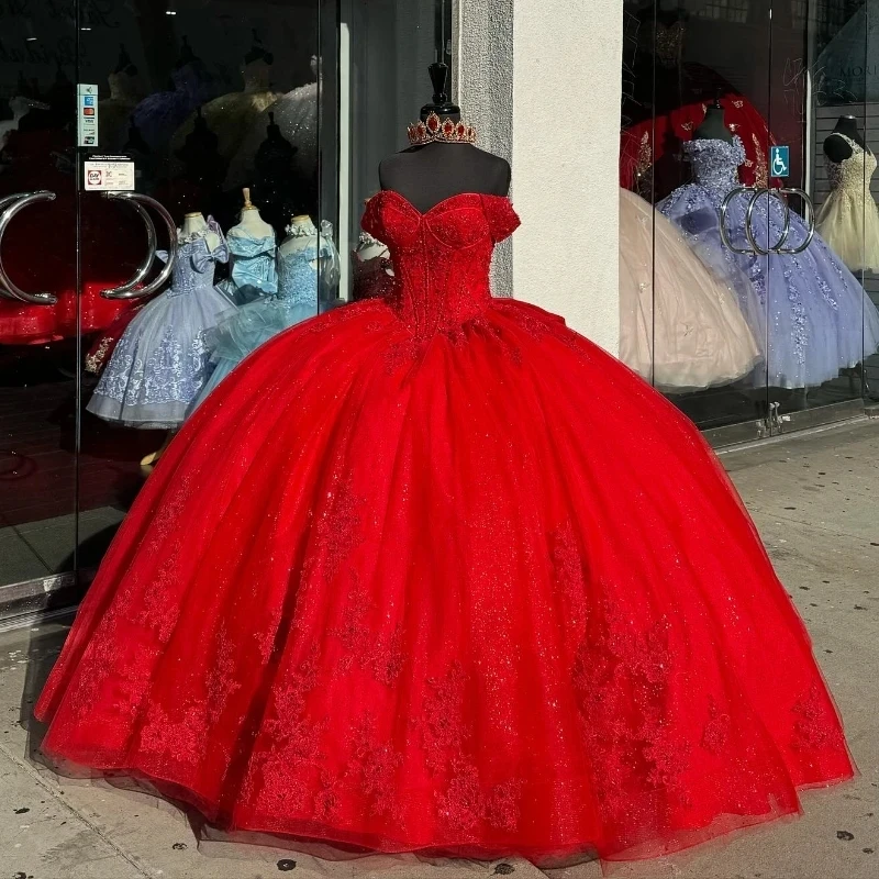 Princess Ball Gown Quinceanera Dresses Red Bow Lace Appliques Beaded Sweet 16 Dress fg6292 - View 3 | VelvetHem