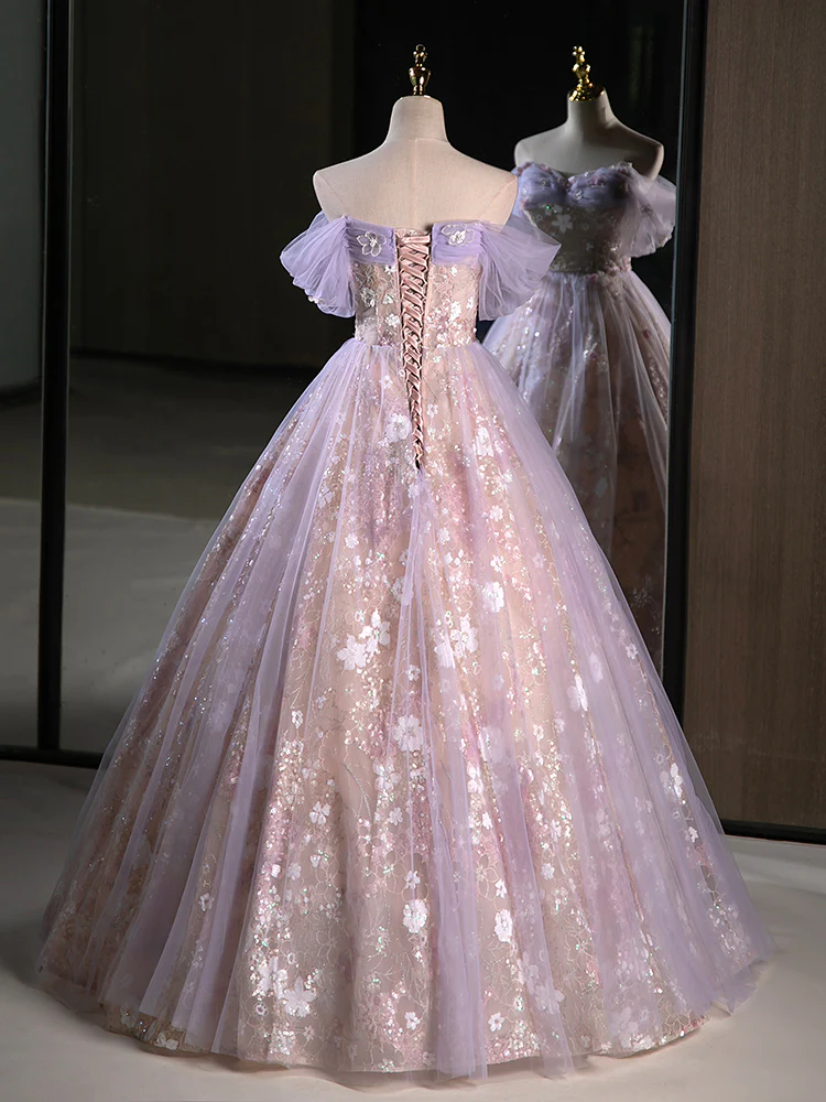 A-Line Off Shoulder Tulle Lace Purple Long Prom Dress, Purple Formal Dress fg6578 - View 4 | VelvetHem