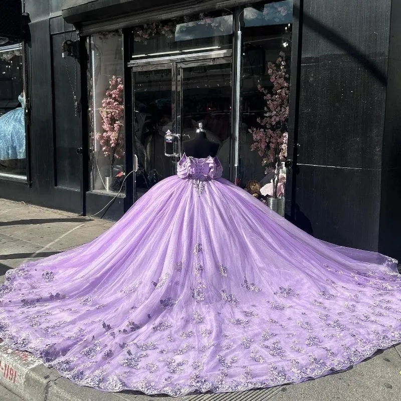 Ball Gown Luxury Off-Shoulder 3D Floral Quinceanera Dress in Lilac fg6488 - View 2 | VelvetHem