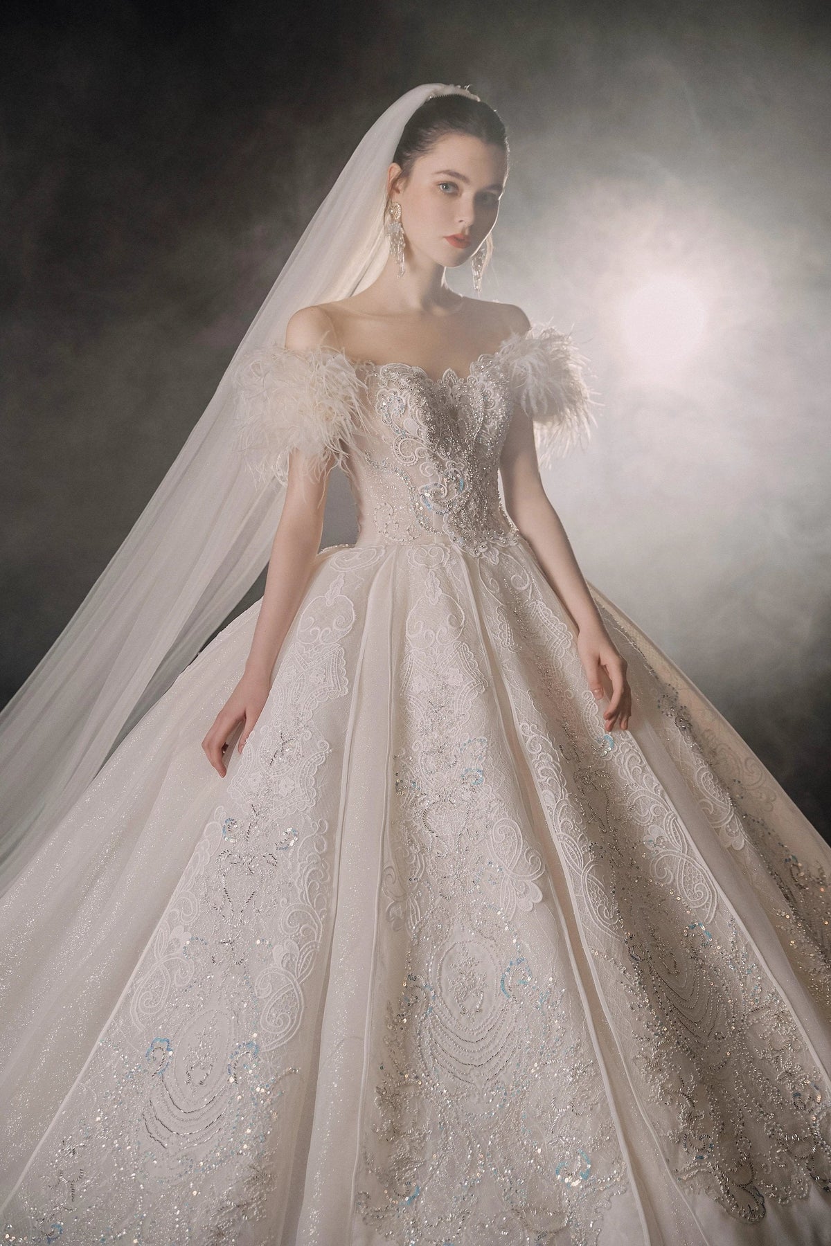 Luxurious Off-the-Shoulder Ball Gown Sweetheart Neckline Feather Trim Beaded Lace Wedding Dress with Glitter Train E-306 by ZAPDRESS