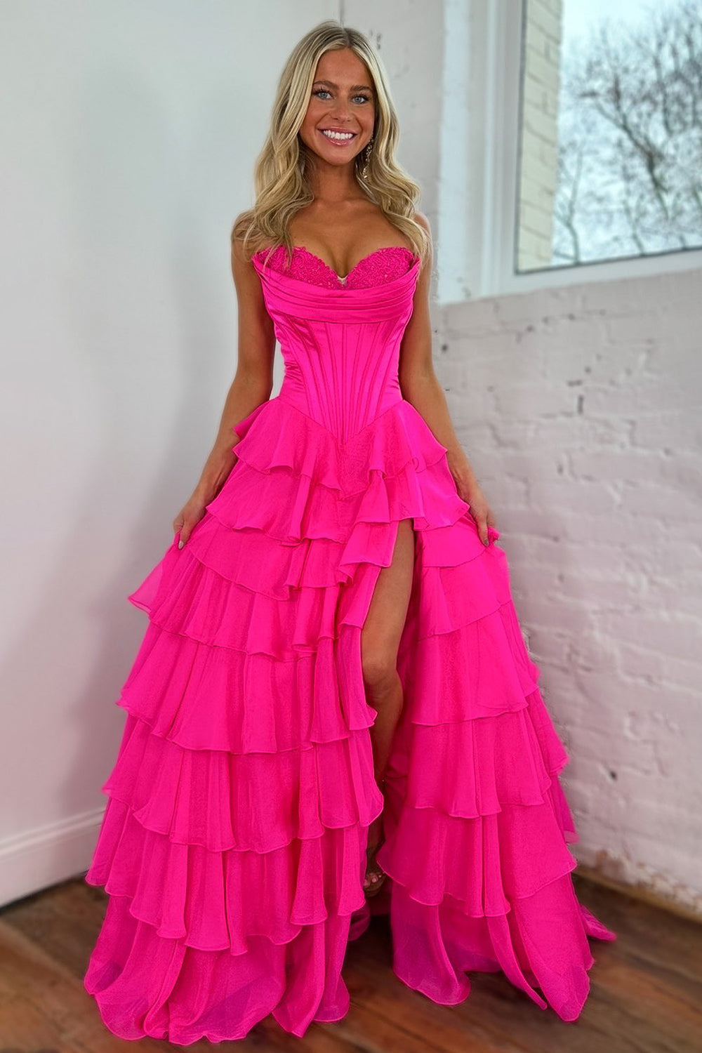 Stunning A-Line Sweetheart Satin Top Long Tiered Chiffon Prom Dress with Slit - View 3 | VelvetHem