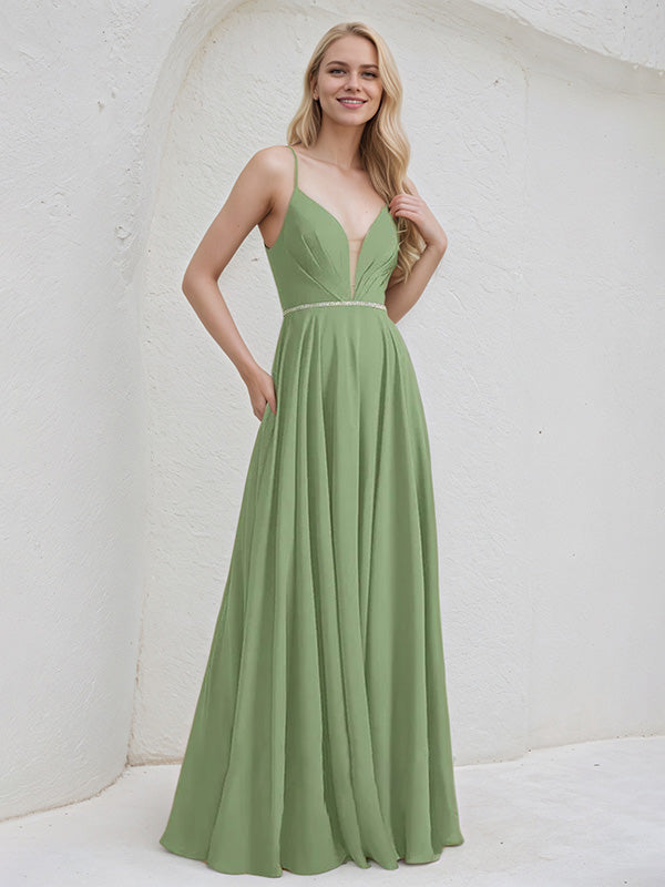 Basil A-Line V-Neck Floor-Length Chiffon Bridesmaid Dress With Beading