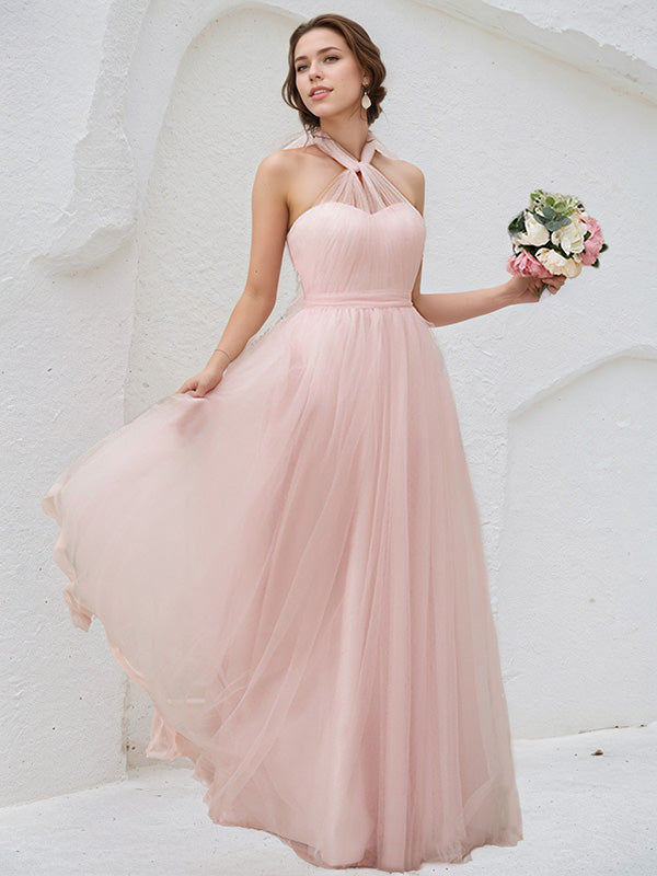 Pink Tulle A Line Halter Neck Sleeveless Floor Length Bridesmaid Dress