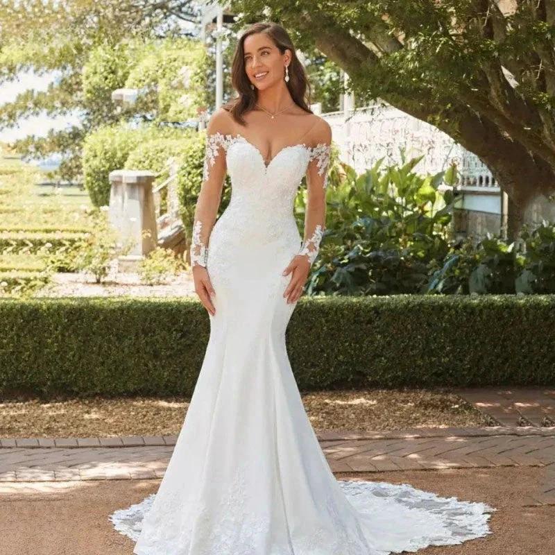 Mermaid Wedding Dresses For Women Sexy Backless Sweet Heart Bridal Gown White Lace Long Sleeve A-Line Vestidos De Novia (ZD13341) - VelvetHem