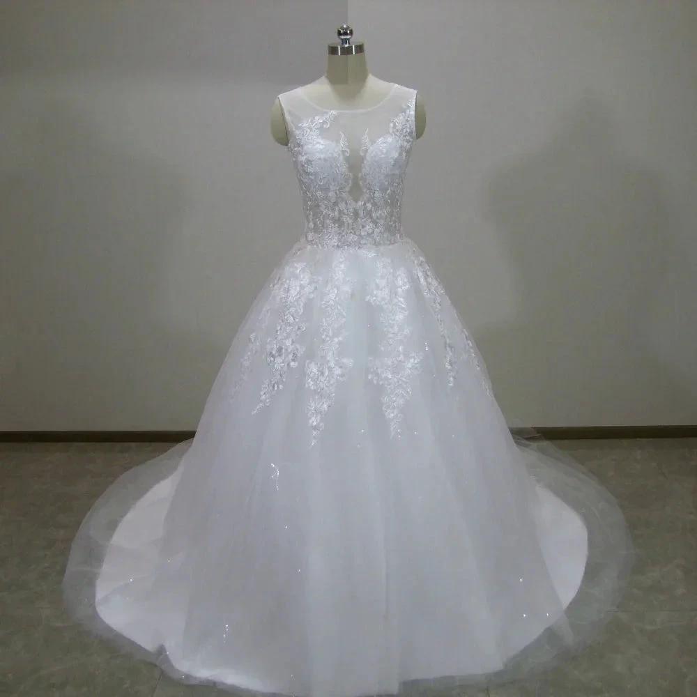 Scoop Lace Applique A Line Wedding Dresses Sleeveless Illusion Tulle Boho Bridal Gown Vestido De Noiva by payinti