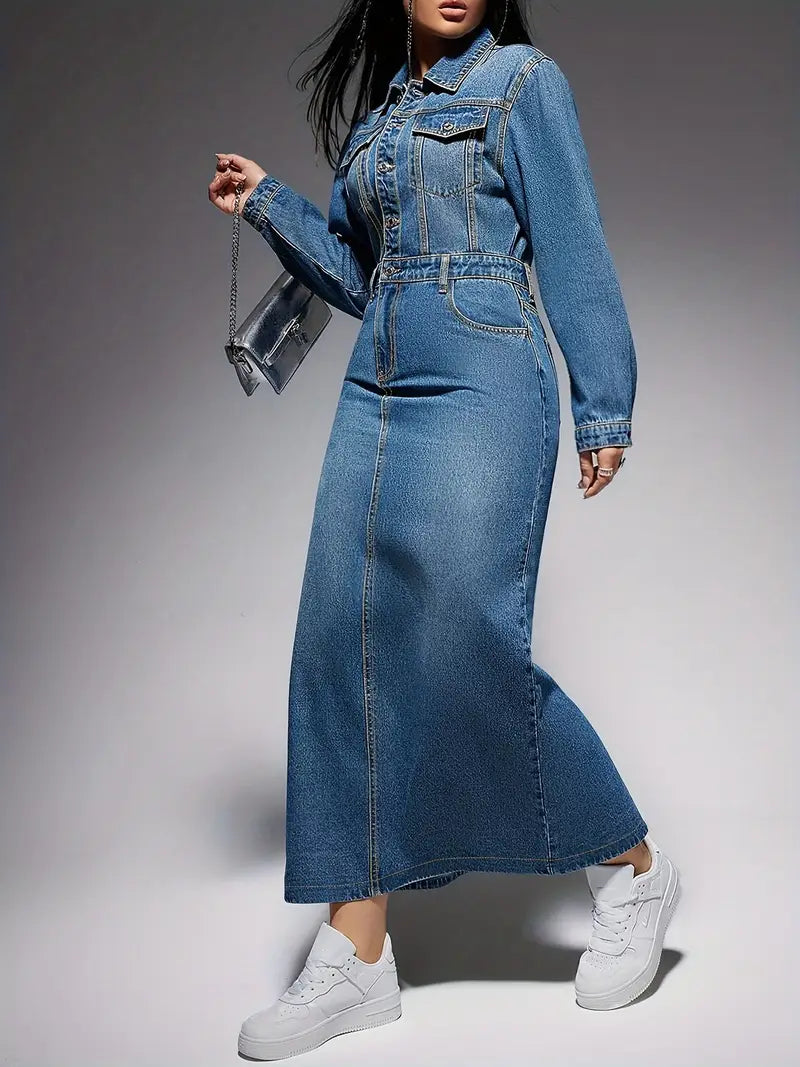 Zola Statement Long Sleeved Denim Maxi Dress Chic Silhouette Collection