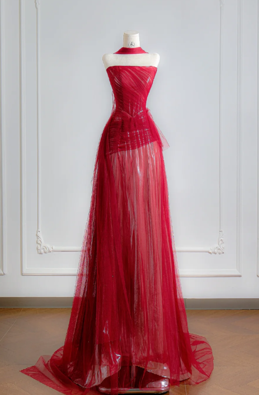 Strapless Red A Line Prom Dress Tulle Birthday Outfit Evening Dress - View 2 | VelvetHem