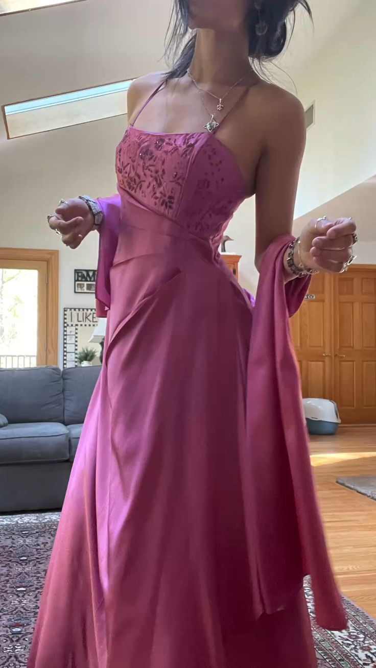 Spaghetti Straps Pink Long A Line Beaded Evening Dress Formal Prom Gown - VelvetHem