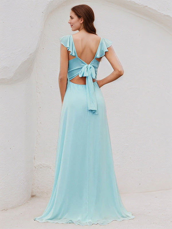 Sky Blue Chiffon A Line Square Neck Sleeveless Floor Length Bridesmaid Dress with Ruffle