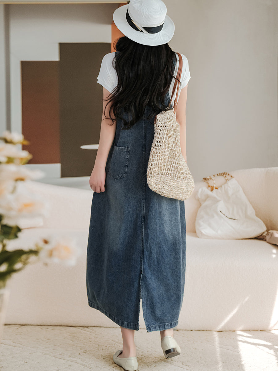 Summer Retro Washed Solid Spliced Denim Vest Dress