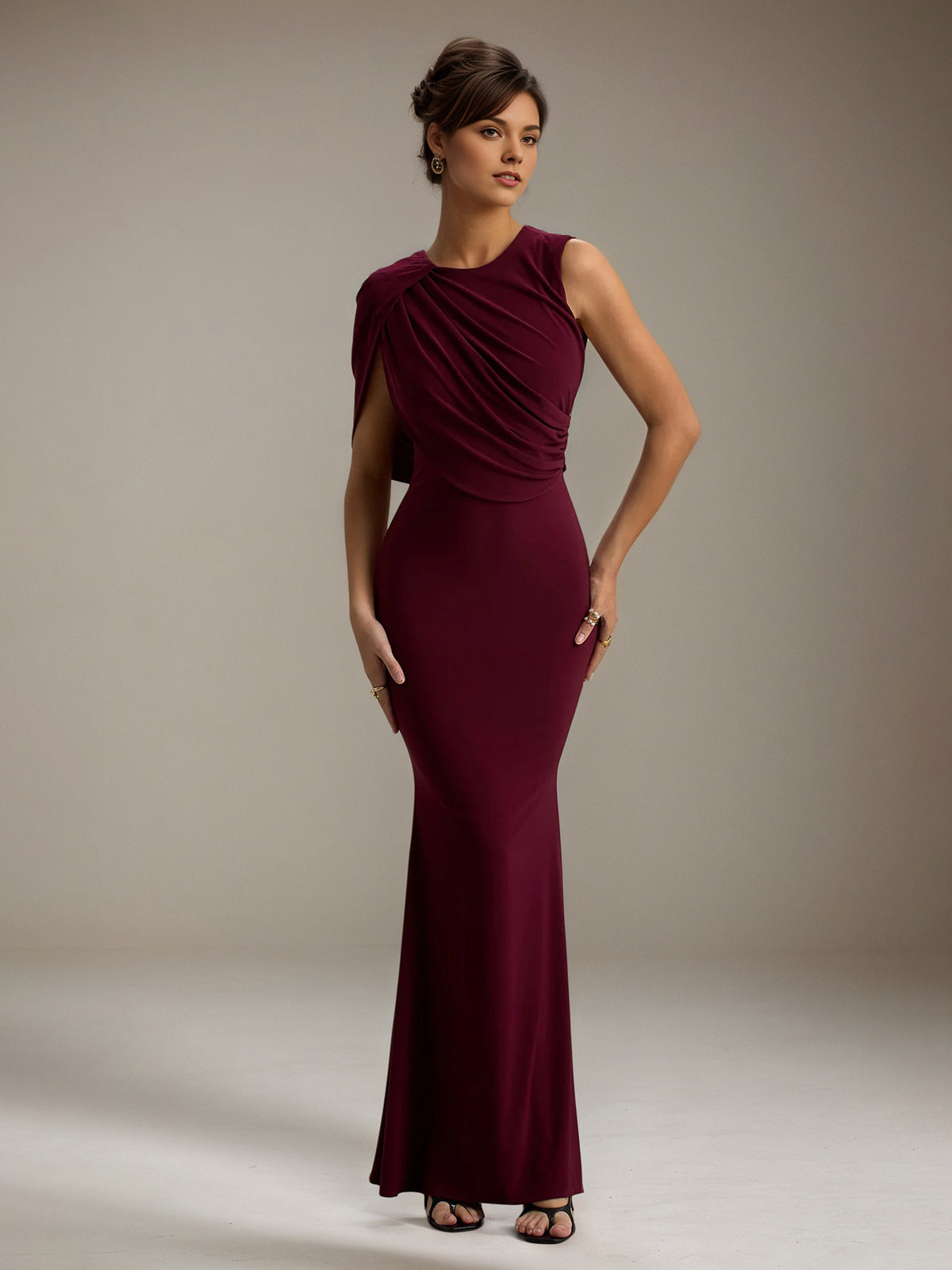 Burgundy Chiffon Sheath/Column Scoop Neck Sleeveless Floor Length Bridesmaid Dresses