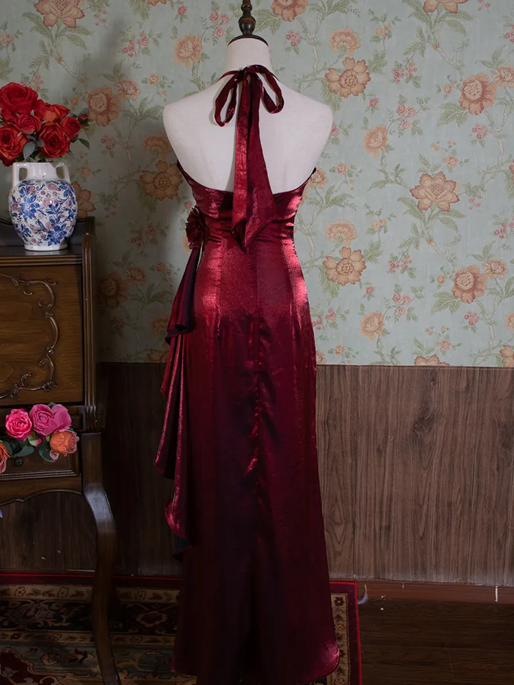 Vintage Burgundy Floral Long Prom Dress Halter Party Evening Gown - View 3 | VelvetHem