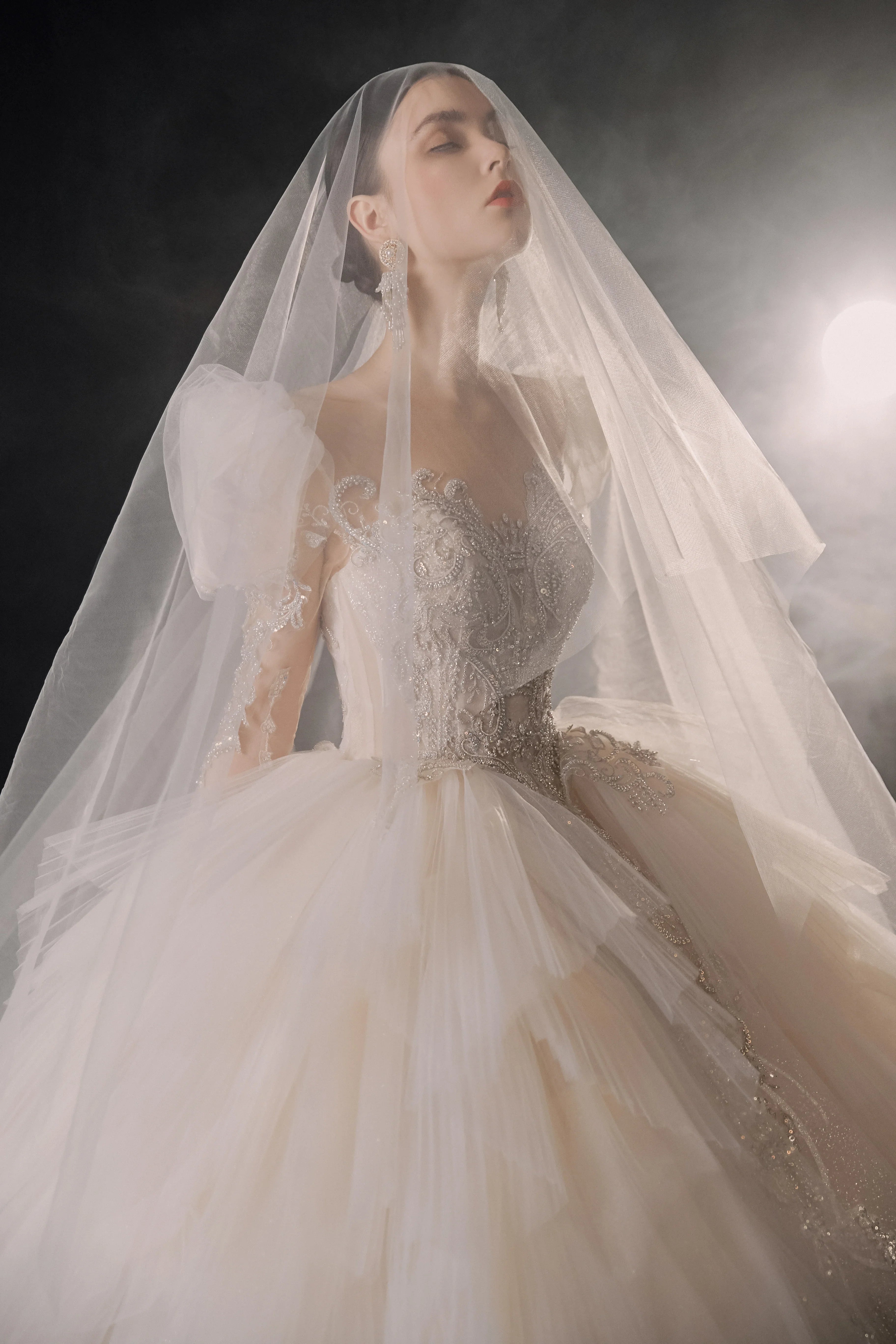 Magnificent Off-the-Shoulder Ball Gown Sweetheart Neckline Tulle Puff Sleeve Beaded Lace Long-Sleeve Wedding Dress with Layered Train E-301 (ZD16886)