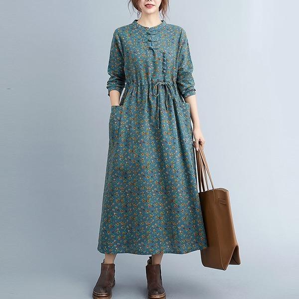 Women Cotton Linen Casual Long Dress  Vintage Floral Print Loose Ladies Elegant A-line Dresses