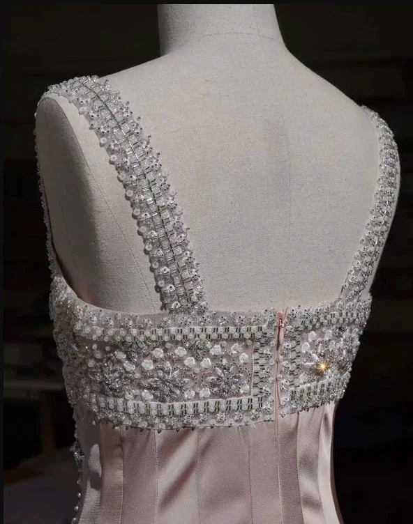 Luxury nude satin hand-beaded diamond homecoming dress (ZD12643)