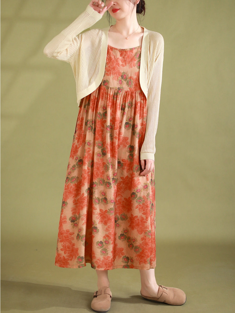 Women Summer Vintage Floral Pleated Loose Dress Sleeveless