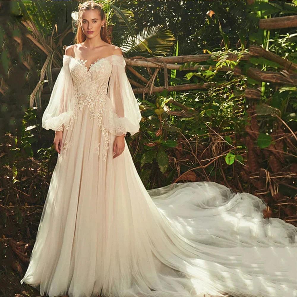 Elegant Sweetheart Neck Puff Long Sleeves Wedding Dress For Women 2023 Backless Tulle Bridal Gown Classic Robe (ZD13424)