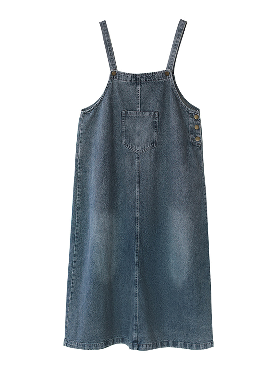 Summer Retro Washed Solid Spliced Denim Vest Dress