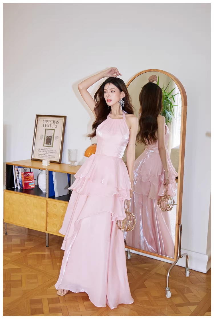 Classy Halter Pink Satin Ruffles Long Birthday Party Dress Evening Dress - View 2 | VelvetHem