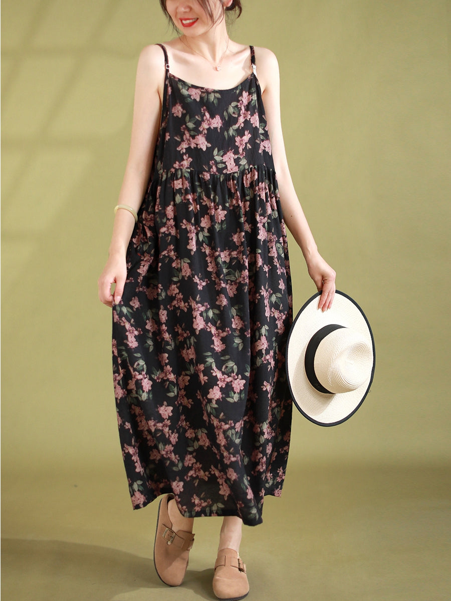 Women Summer Vintage Floral Pleated Loose Dress Sleeveless