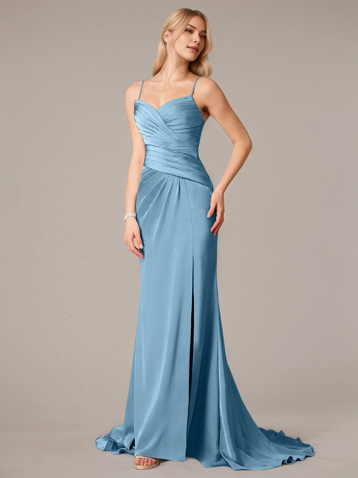 Steel Blue Sheath/Column Satin Spaghetti Straps Sleeveless Floor Length Dresses