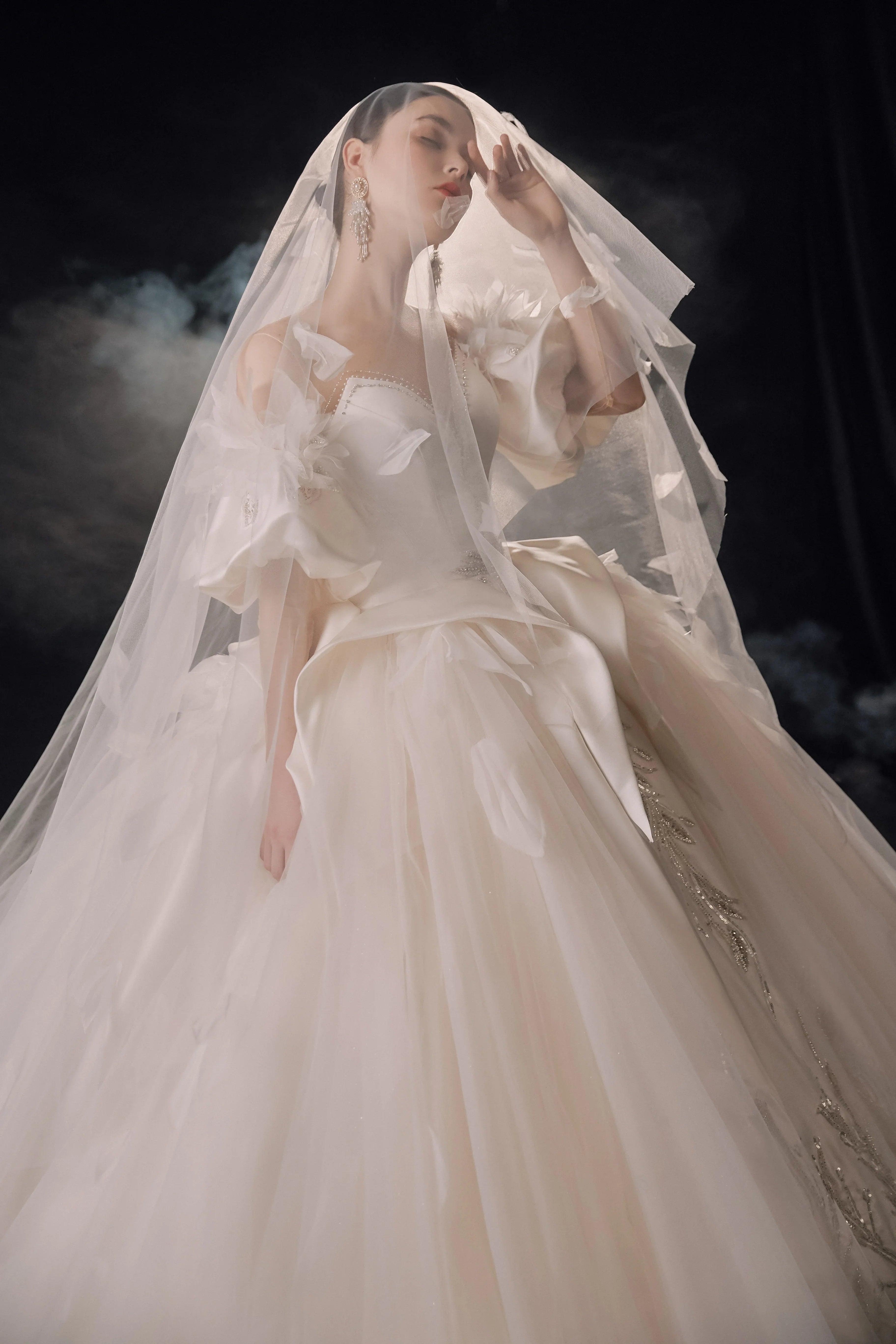 Lavish Sweetheart Ball Gown Satin Puff Sleeve Feather Trim Beaded Wedding Dress with Flowing Train E-302 by ZAPDRESS