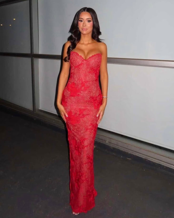 Sexy Strapless Lace Maxi Dress – Floor-Length Red Corset Prom Gown