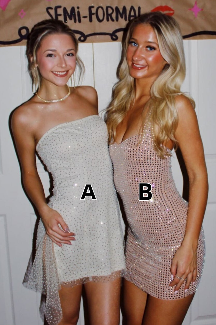 Bling A Line Strapless White Sequins/Champagne Short Homecoming Dress with Beading