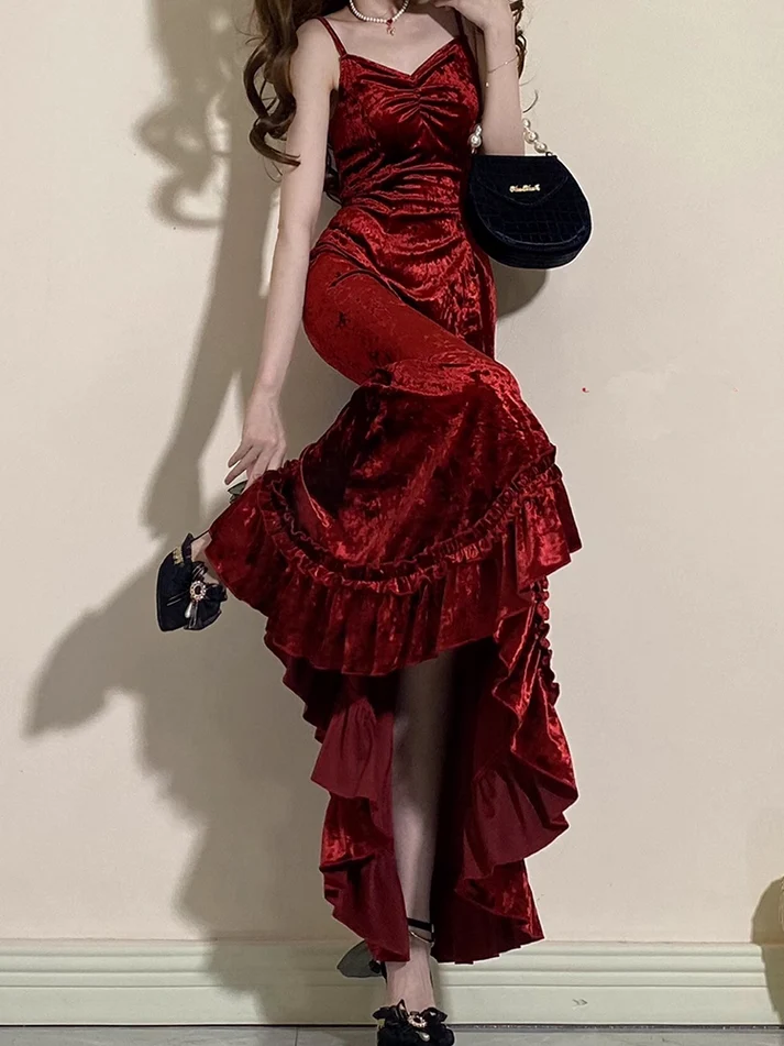 Vintage Burgundy Mermaid Ruffles Prom Dress Spaghetti Straps Long Party Dress Evening Dress
