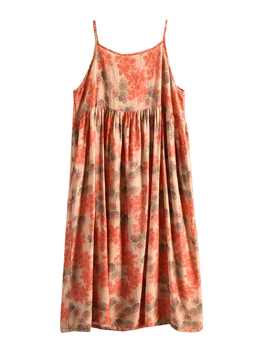 Women Summer Vintage Floral Pleated Loose Dress Sleeveless