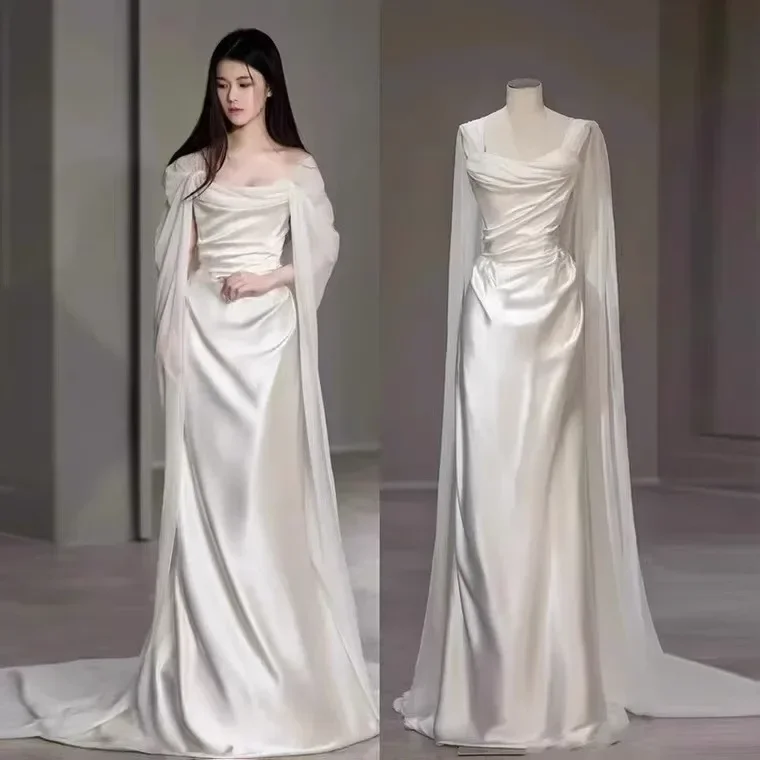 Beautiful Wedding Dress New Simple Two Wear Slim Satin White Prom Dress - VelvetHem