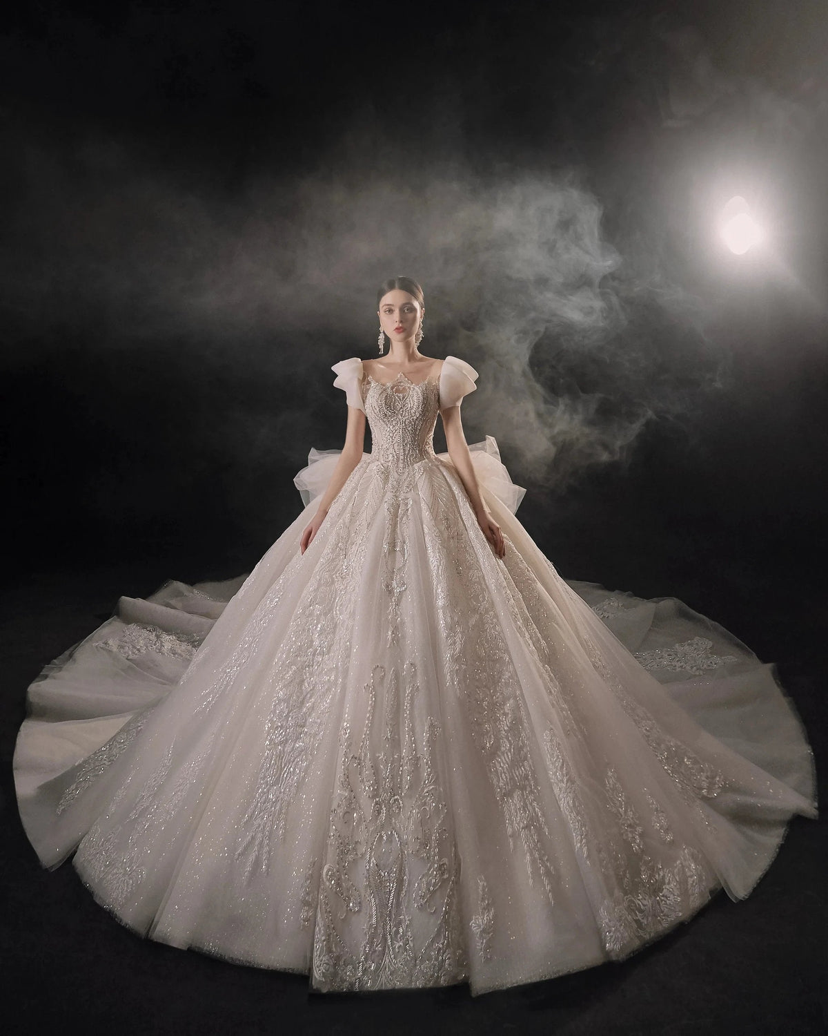 Gorgeous Puff-Sleeve Ball Gown Sweetheart Neckline Beaded Lace Wedding Dress with Ruffled Train E-309 (ZD16890)