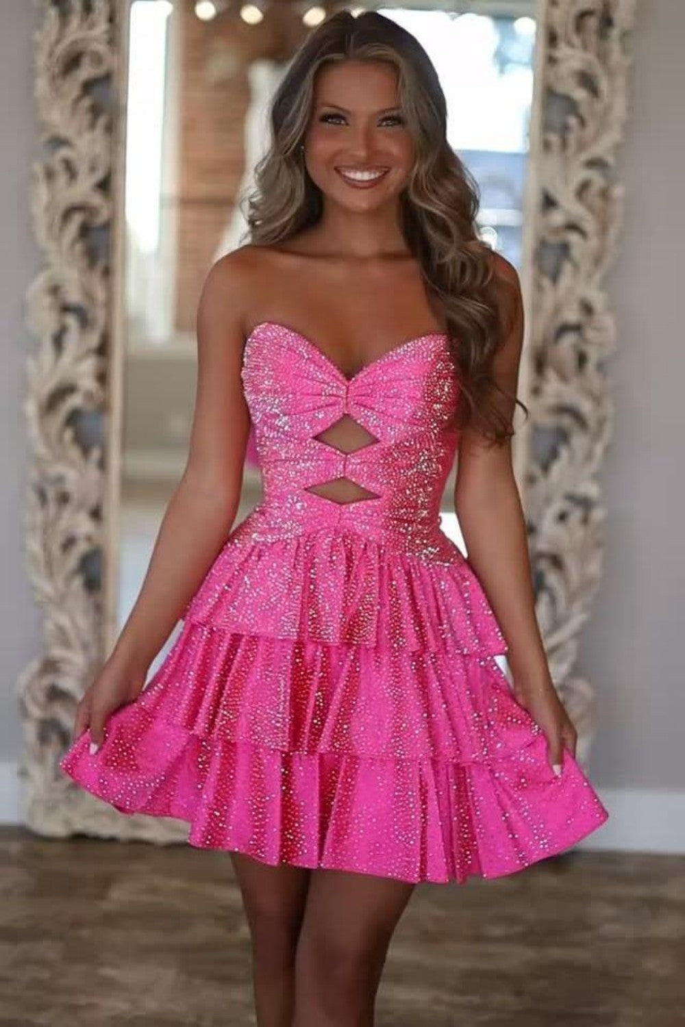 Sparkly A Line Sweetheart Orange Short Homecoming Dress with Beading Keyhole - View 3 | VelvetHem