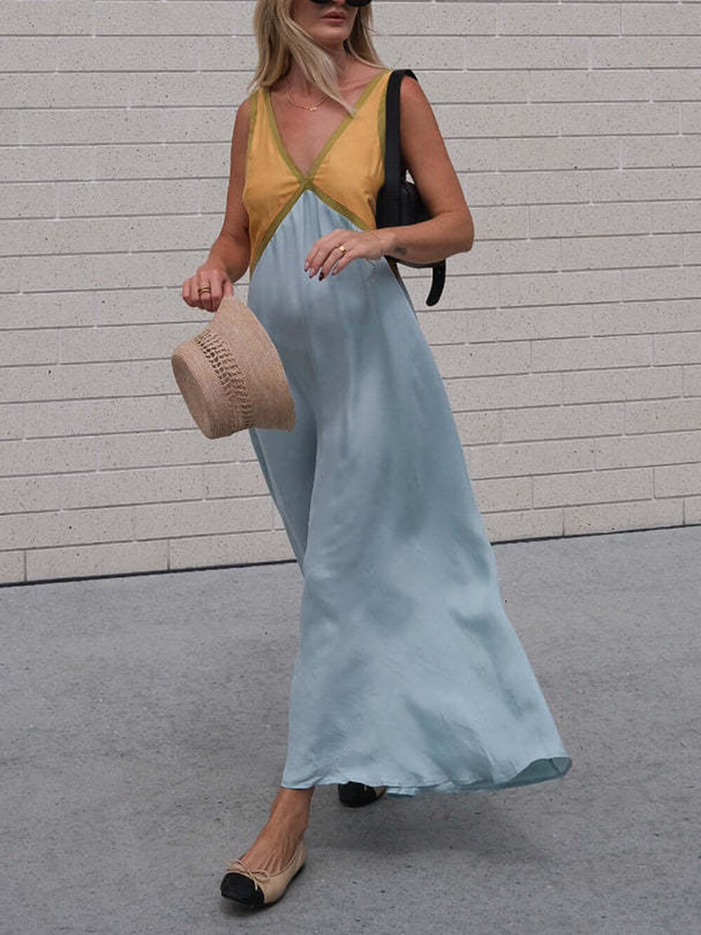 Splicing Chic V - neck Contrasting Color Dress