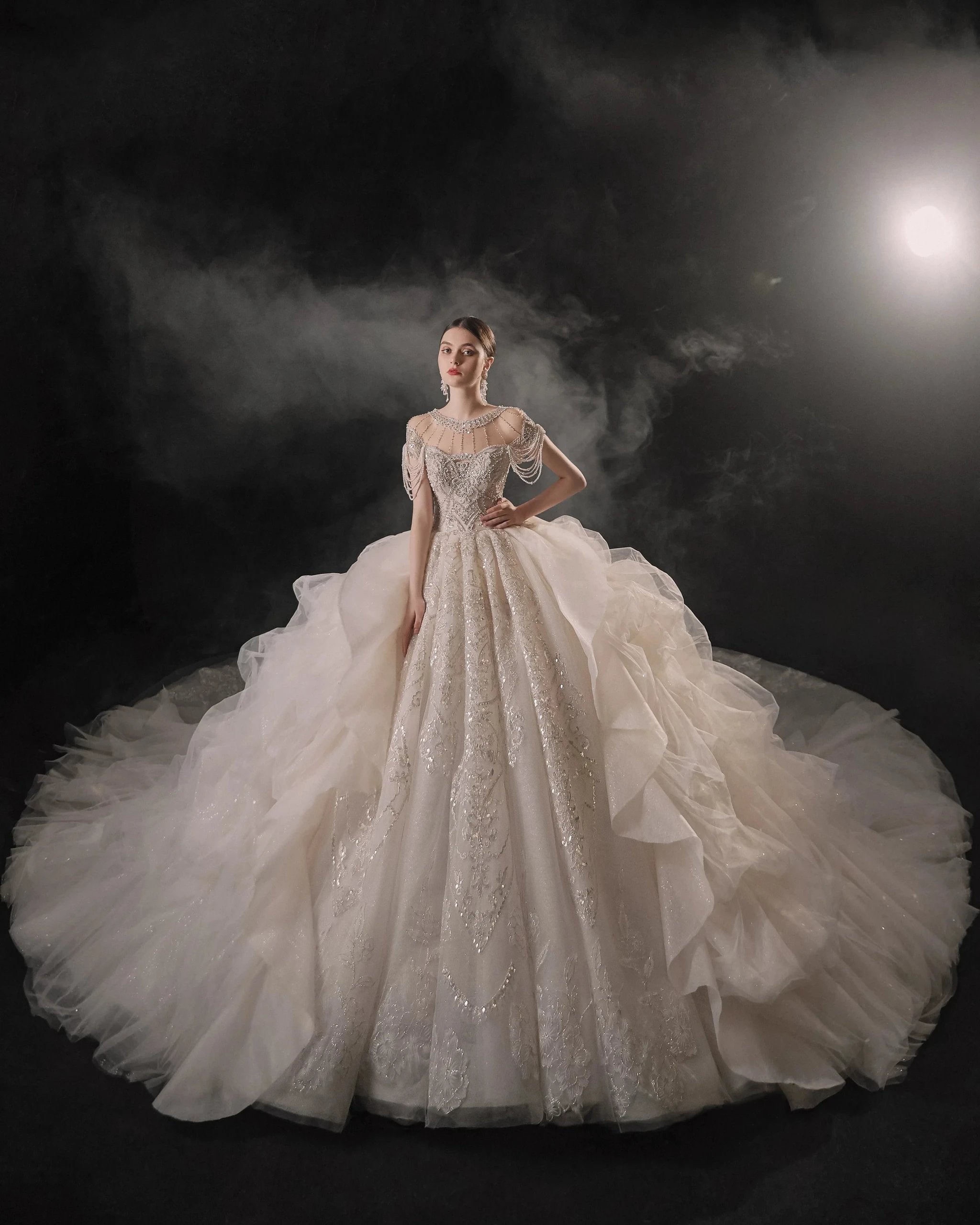 Glamorous Illusion Neckline Ball Gown Beaded Lace Fringe Trim Ruffled Train Wedding Dress E-307 (ZD16891)