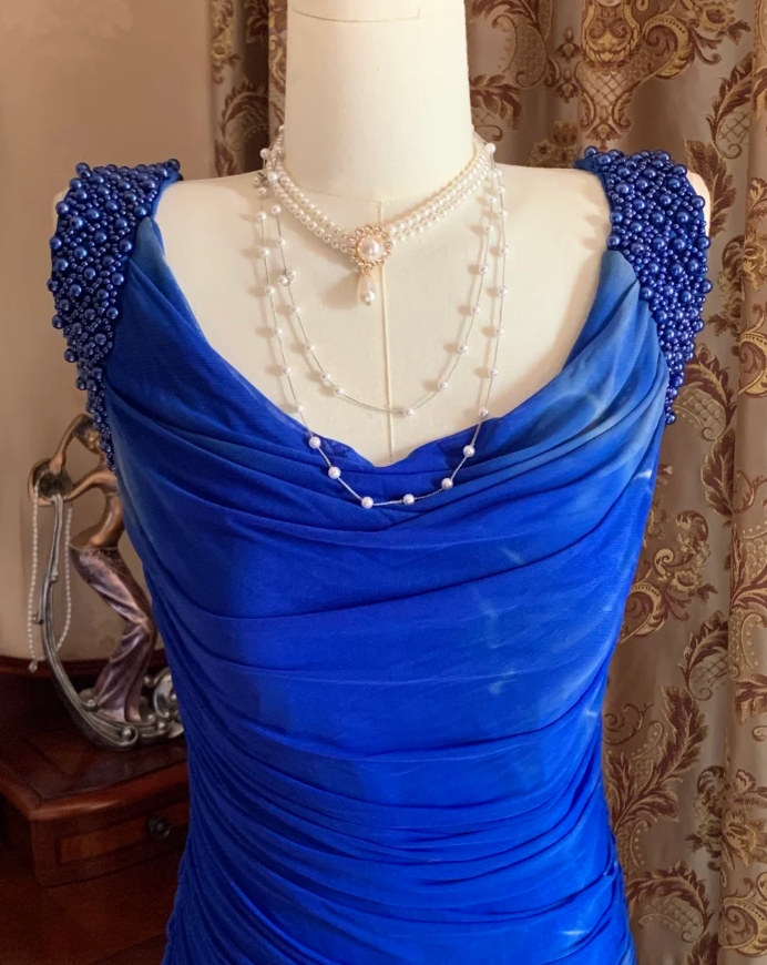Sexy Royal Blue Tulle Pleated Beaded Mermaid Long Wedding Guest Dress Evening Dress - View 6 | VelvetHem