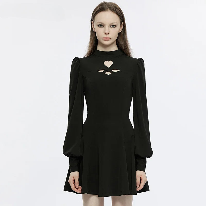 Heart-shaped Hollowing Puff Princess Sleeves Gothic Daily Party Club Black Gothic Dress - VelvetHem