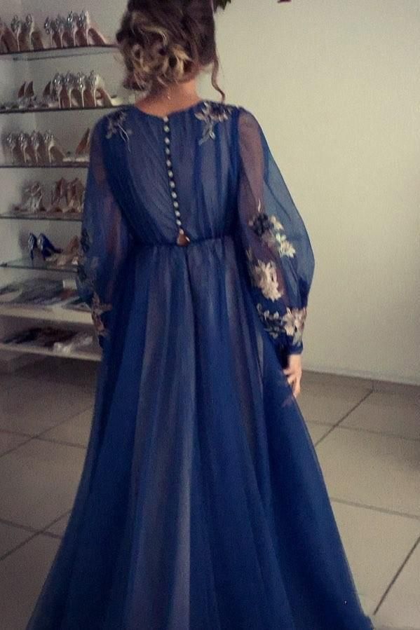 A Line Long Sleeve Tulle Appliques Prom Dresses, Long Evening Dress
